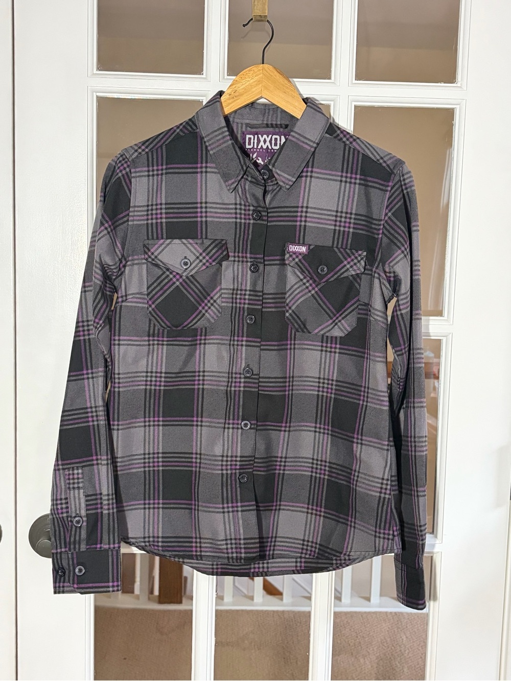 Dixxon Woman’s Gray & Purple Plaid Button-Up Shirt